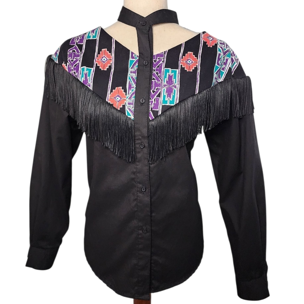 VINTAGE 80s Fringe Button Down Shirt Western Aztec Rodeo Cowboy Cutout - Picture 2 of 10